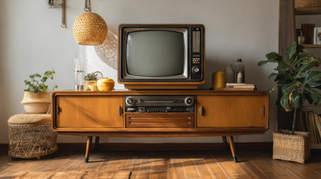 Close medium shot of a vintage TV console replica in a cozy living room emphasizing functional storage spaces and timeless design aesthetics.の素材