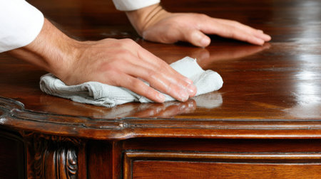 Medium shot of a worker smoothing polyurethane coating over a table highlighting durable stain resistance and subtle engraved designs for effortless cleaning.の素材