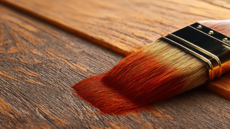 Closeup of a wooden surface being finished with a smooth soybased ecofriendly wood stain showcasing vibrant natural coloring without harmful chemicals.の素材