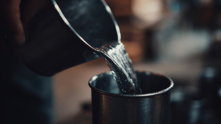 Close medium shot of liquid metal being poured into a calibrated container using a manual dosimetry device emphasizing craftsmanship and precision.の素材