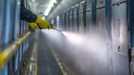 Medium shot capturing chemical spray disinfection being applied along the jet bridge handrails and walls emphasizing thorough cleaning for passenger safety.の素材