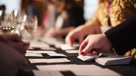 Medium shot of professionals arranging name tags and materials at a banquet networking event preparing to welcome attendees in a formal setting.の素材