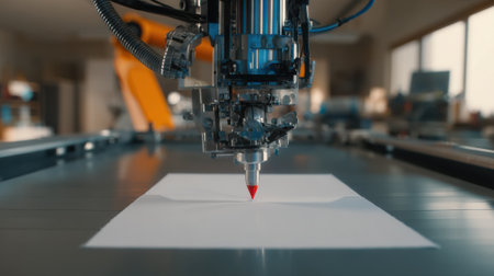 Medium shot capturing a robotic diecutting machine crafting intricate greeting cards highlighting delicate detail and smooth operation.の素材