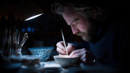 Engineer uses precision tools to perform detailed maintenance on a ceramic crucible under bright workshop lighting.の素材