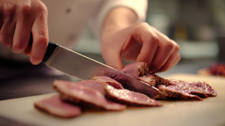 Medium shot of a chef skillfully slicing tender beef tongue highlighting texture and marbling in a professional culinary environment.の素材