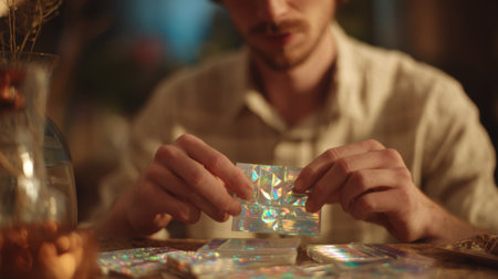 Closeup medium shot of an artist layering holographic film on collectible cards creating dynamic shimmering surfaces.の素材