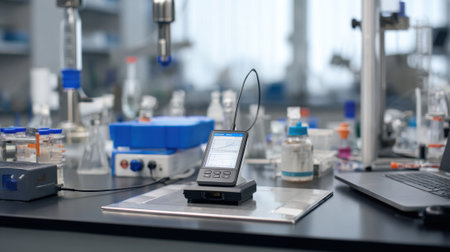 Medium shot showing realtime advanced material composition sensor detecting variations and transmitting data in an industrial lab setting.の素材