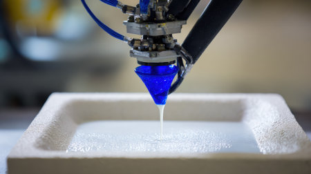 Medium frame of advanced robotic pouring machine operating in modern plant illustrating improved workflow and reliable metal dispensing for diecasting.の素材