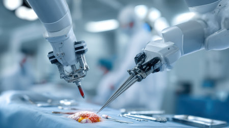Robotic tools rapidly assisting a veterinarian by passing surgical instruments with speed and accuracy during a pet surgery procedure in a modern clinic.の素材