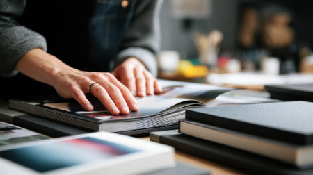 Closeup of hands carefully arranging photos on pages of a hardcover photobook highlighting premium binding and textured cover details in a creative workspace.の素材