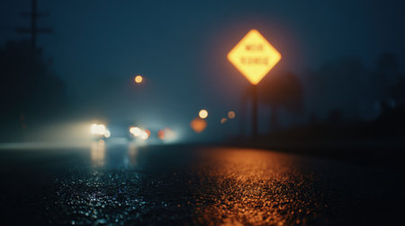 Medium shot focusing on a reflective road sign glowing as headlights approach emphasizing road safety during foggy weather.の素材