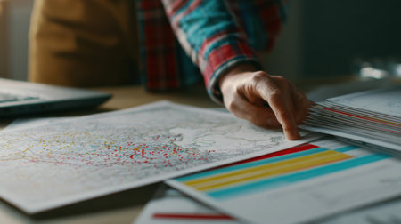 Medium shot of an entrepreneur exploring underexplored market regions through maps and reports showcasing innovation and expansion prospects.の素材