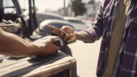 Medium shot capturing a customer tapping a smartphone on a payment device near a tow truck highlighting mobile payment convenience.の素材