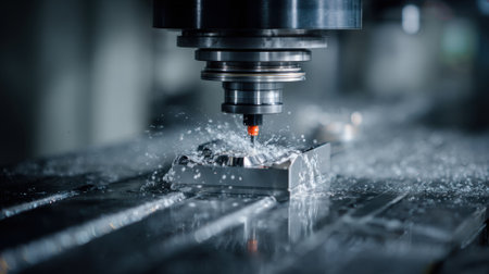 Closeup of CNC machine shaping metal components with detailed digital control highlighting advanced automation in precision manufacturing.の素材