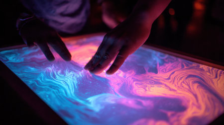 Medium frame of hands examining a colorchanging thermochromatic printed poster that transforms with ambient temperature variations in an interactive display.の素材