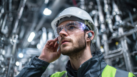 Medium shot capturing a technician monitoring force variations with advanced sensors on mechanical equipment during a manufacturing process.の素材