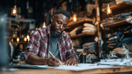 Urban entrepreneur reviewing microloan paperwork in a modest office setup preparing to expand a small retail business in a bustling city environment.の素材