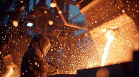Medium frame footage showing a metalworker in full heatresistant suit safely managing the liquid metal pouring process in an industrial setting.の素材