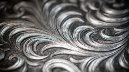 Medium shot of abstract incised ornamental engravings on metal showcasing smooth flowing lines and modern geometric shapes with reflective surfaces.の素材