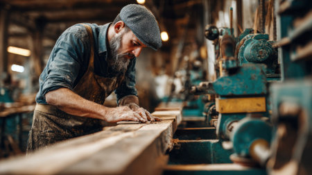 Close medium shot of a craftsman adjusting grit levels on a sanding machine focusing on the transition from rough to smooth lumber texture.の素材