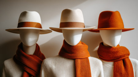 Medium shot showcasing mannequins styled in trendy seasonal ensembles with matching hats and scarves set against a minimalist background.の素材