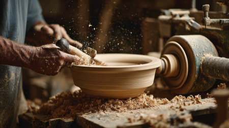 Manual woodworking lathe in action showing a craftsman carefully shaping a wooden bowl with handpowered precision tools.の素材