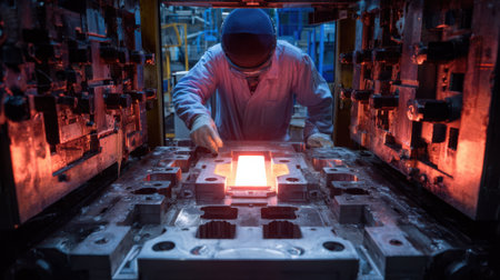 View of a technician adjusting hardened diecasting molds emphasizing durability features and thermal treatment processes in a hightech foundry.の素材