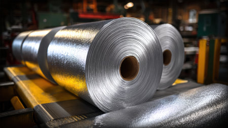 Medium shot showing reflective thermal insulation rolls unrolling smoothly during manufacturing emphasizing radiant heat barrier layers for superior energy conservation.の素材