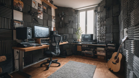 Medium shot of a home recording studio with compact acoustic foam and bass traps arranged for effective sound treatment in a small personal space.の素材