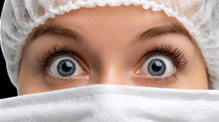 Nurse showing wide open eyes wearing surgical mask and cap on transparent backgroundの素材