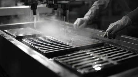 Medium shot capturing a worker carefully washing freshly stamped parts using an automated cleaning system to ensure surface quality.の素材