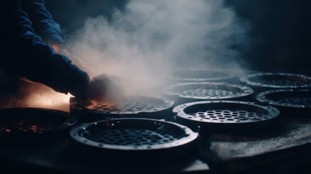 Footage of a worker inspecting carbide hard coatings on heavyduty tools designed for extreme wear and abrasion protection in manufacturing.の素材