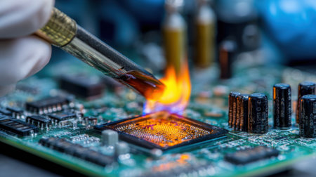 Closeup of a technician applying flameretardant resin to electronic components highlighting improved fire resistance and safety in circuit boards.の素材