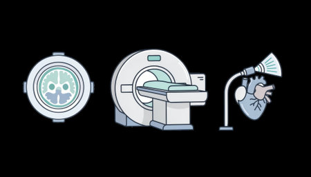 Horizontal lineup of isolated diagnostic imaging icons on white showcasing the clinical advantages and specific uses of CT MRI and echocardiography in patient assessment.の素材