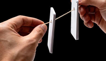 Closeup of hands holding convergence cards on a string against a white backdrop demonstrating orthoptic eye coordination exercises for vision improvement.の素材