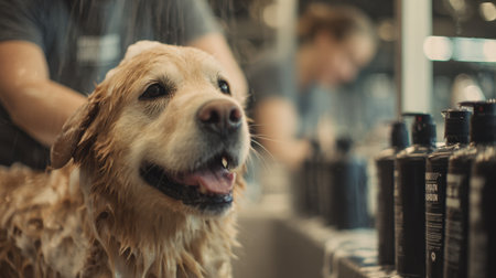Medium shot of an attendant carefully washing a happy dog in an instore dog wash setup with shampoo bottles in the outoffocus background.の素材