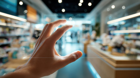 Closeup of a hand interacting with a floating 3D supplement model in augmented reality sharply focused against an intentionally blurred retail environment.の素材