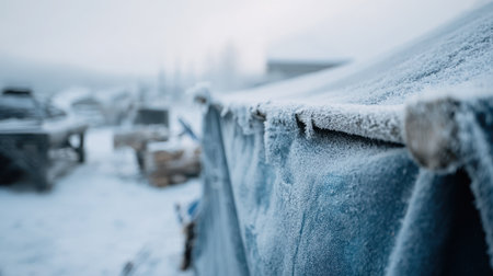 Closeup medium shot of a snowresistant cargo tarp covering outdoor equipment showcasing frost on the fabric while the background stays blurred.の素材