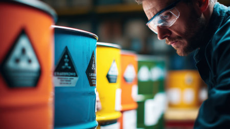 Medium shot of a technician monitoring safety labels on hazardous material drums concentrating on hazard symbols as the environment remains softly blurredの素材