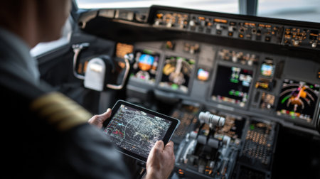 Focused view of pilot monitoring fuel usage via tablet inside the cockpit of a mediumhaul aircraft with outoffocus dashboard and instruments creating depth.の素材