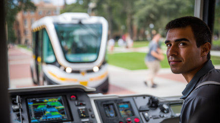 Medium shot of a selfdriving shuttle with pilot in focus blurred campus background highlighting safe techassisted autonomous testing environment.の素材
