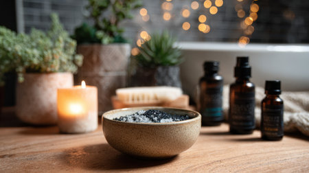 Cozy medium shot of a home pampering session with detox bath salts and charcoal cleanser in focus while relaxing aromatherapy candles and greenery fade out of focus.の素材