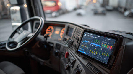 Medium shot capturing an electronic logging device integrated into a truck cabin showing driver hours data while steering wheel and seats are blurred in the background.の素材