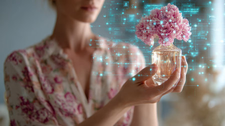 Medium shot of a woman holding a floral fragrance bottle with AI interface overlay highlighting scent notes main subject in sharp focus against a blurred background.の素材