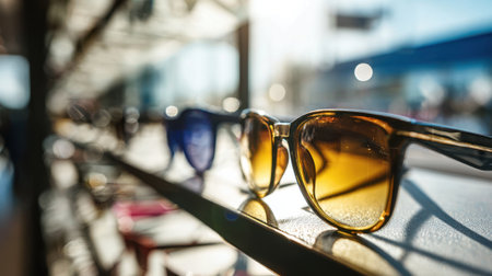 Closeup of a sleek sunglasses display inside a brightly lit optical store sunlight filtering in to highlight the main products against a blurred background.の素材