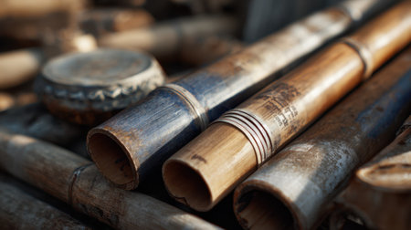 Medium shot of bamboo and recycled metal instrument materials combined main elements sharply focused soft background emphasizing environmental innovation.の素材