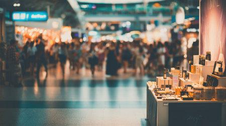 Medium shot of a popup retail stall inside a bustling airport terminal with sharply focused trendy products against a softly blurred crowd.の素材