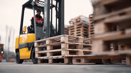 Medium shot capturing a forklift operator placing pallets on a loading dock clear focus on forklift and pallets with soft outoffocus surroundings.の素材