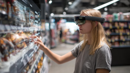 Person interacts with a virtual assistant projected via AR asking questions about product features main user clearly in focus with blurred shelves behind.の素材