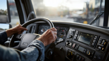 Inside a day cab medium shot captures drivers hands on steering wheel ergonomic dashboard in soft focus behind highlighting intuitive design for easy reach.の素材